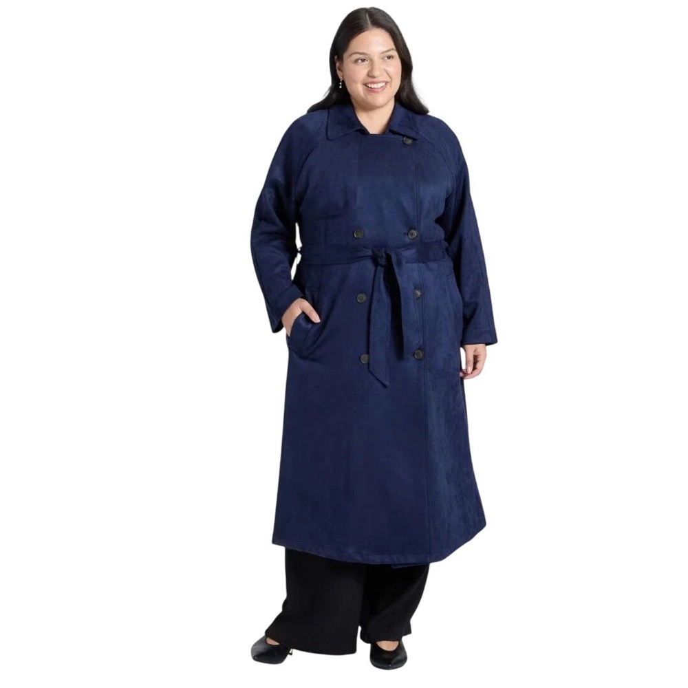 A New Day Women's Navy Blue Faux Suede Belted Trench Coat Size XXL